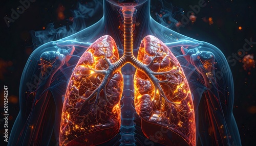 Digital illustration of the human upper torso, highlighting the lungs with a fiery glow against a translucent body
