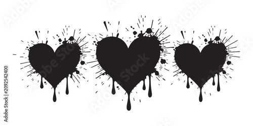 Obraz na płótnie Three black hearts with paint splatter and dripping ink effects isolated on a transparent background set