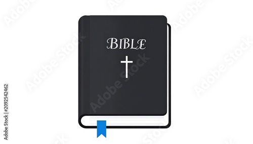 Digital image depicts a closed, dark-covered book with a cross and text on the cover, a blue bookmark, set against white