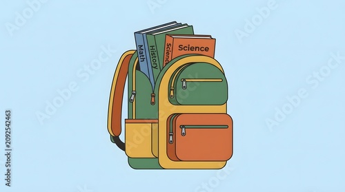 A colorful backpack full of books on a plain background