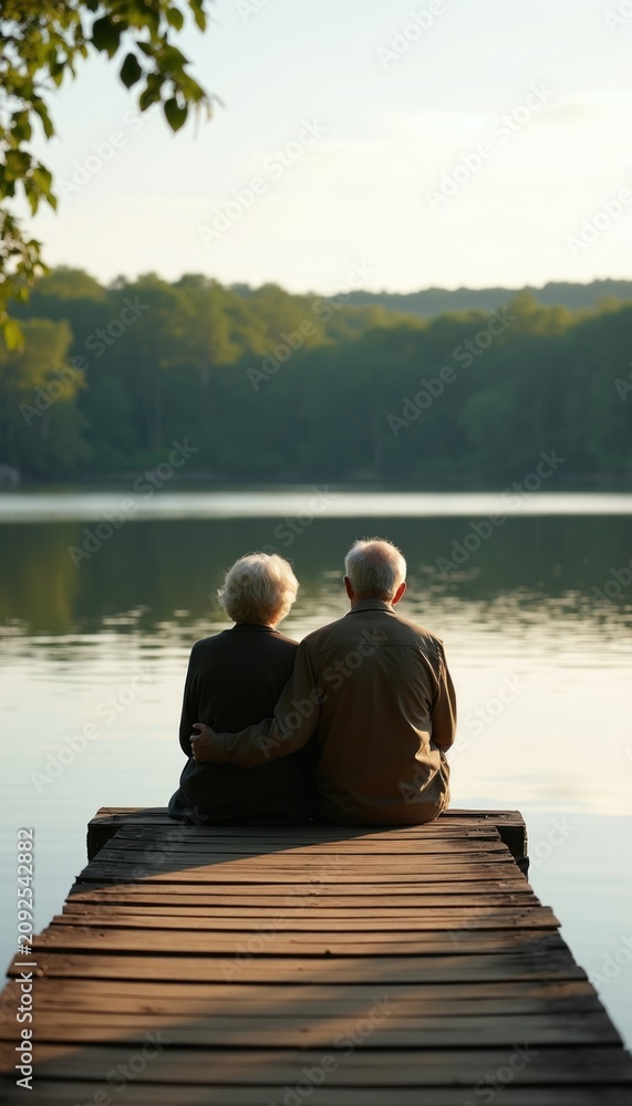 Fototapeta premium Elderly couple sits on wooden pier by calm lake during sunny afternoon. Retired man, woman rest together looking at water surface. Mature partners embrace enjoy peaceful nature scenery outside.