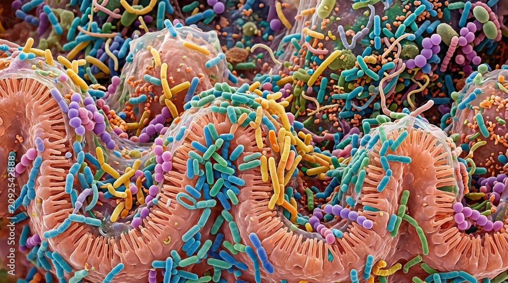Fototapeta premium Microscopic view of bacteria and microorganisms thriving on a cellular surface