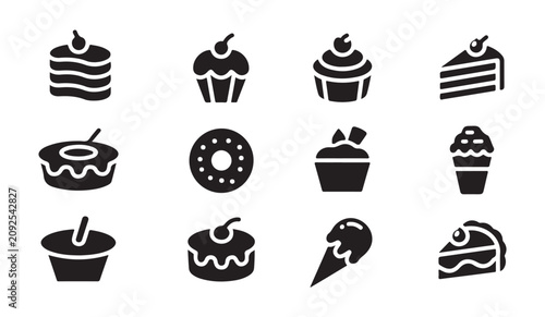 Fotografía Assorted dessert and sweet pastry icons including cake slices ice cream and donuts set