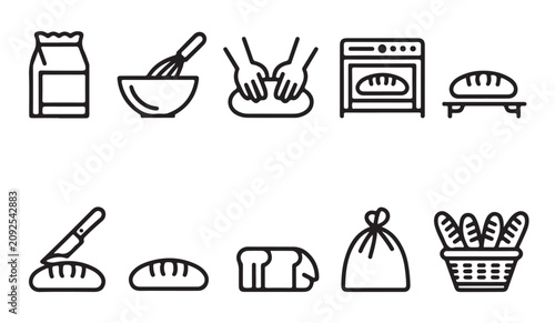 Cuadro en lienzo Bread baking process outline icons set representing flour bowl kneading oven and fresh loaf