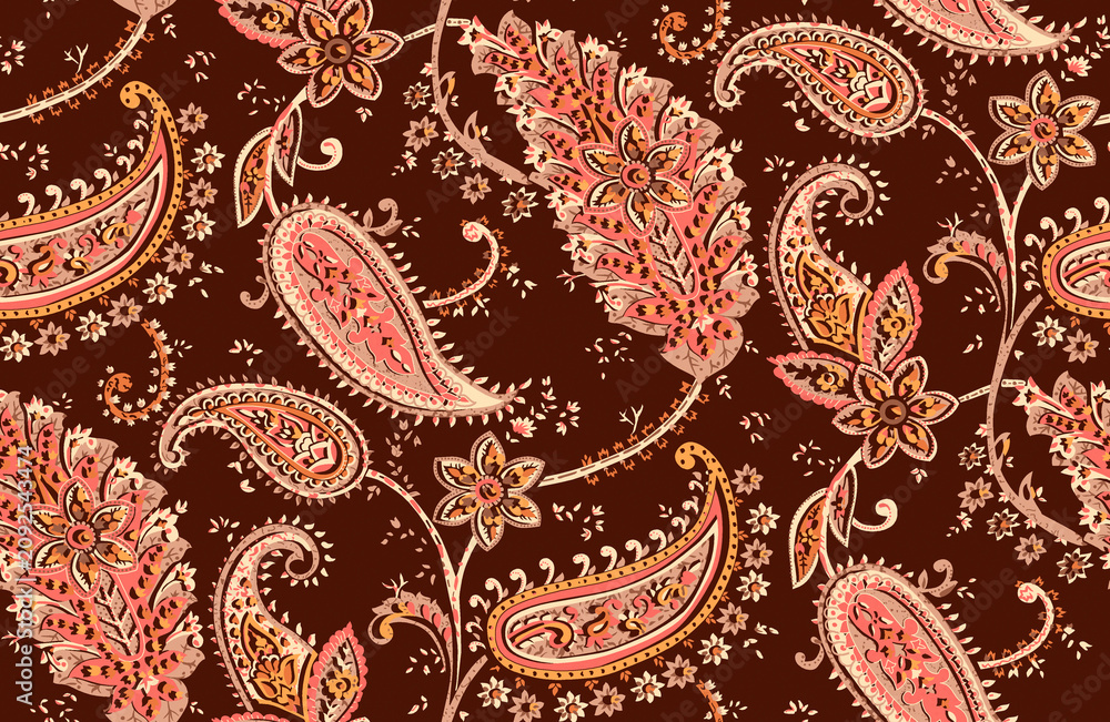 Naklejka premium Seamless repeating pattern with paisley motifs placed at different angles, balanced by smaller floral elements and filler