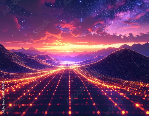 Digital landscape with glowing grid. Mountains, sunset, and starry sky compose this beautiful illustration of data visualization