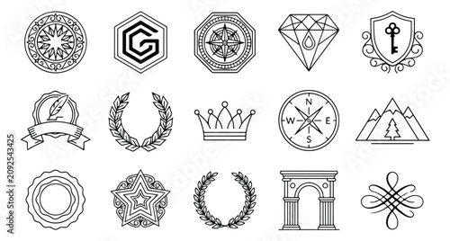 Cuadro en lienzo Minimalist geometric logo set, 15 black line art icons including crown and laure