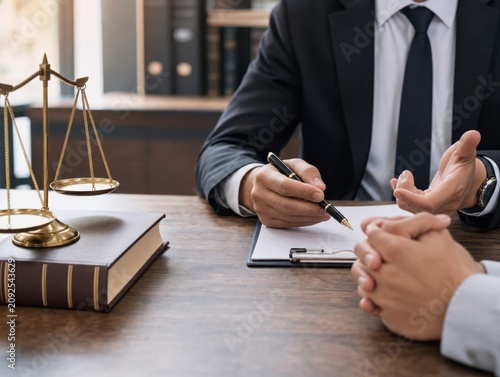 Lawyer consulting with client at wooden desk with scales of justice attorney consultation business