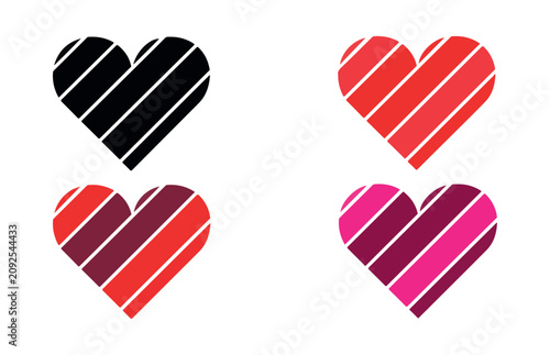 Tableau sur toile Four hearts with diagonal stripes in shades of red and pink for romantic designs and love concepts