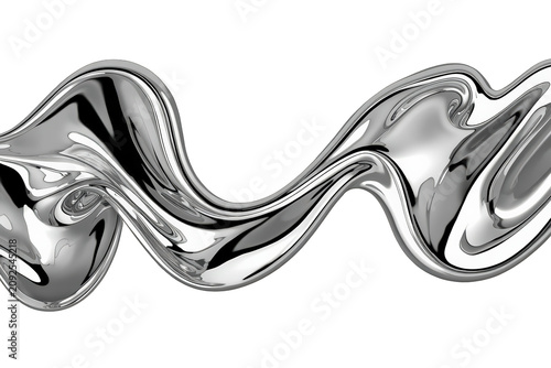 Flowing chrome liquid metal wave creating an abstract shiny silver motion shape, 3d render with transparent background