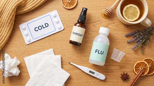 Holistic Cold Relief Flatlay displaying pills throat spray thermometer and lemon on a wooden surface for pharmacy banners natural remedy blogs or wellness flyers