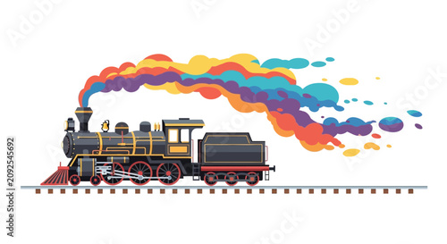 Fotografía Colorful vector illustration of a vintage steam locomotive with billowing smoke