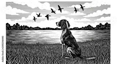 Black and white illustration of a loyal hunting dog sitting in grass, observing flying waterfowl over a serene lake.