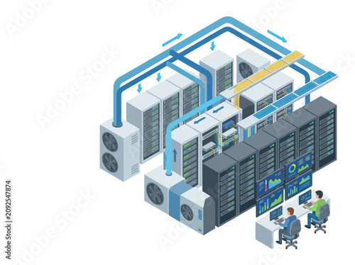 Foto Modern data center with servers and cooling systems.