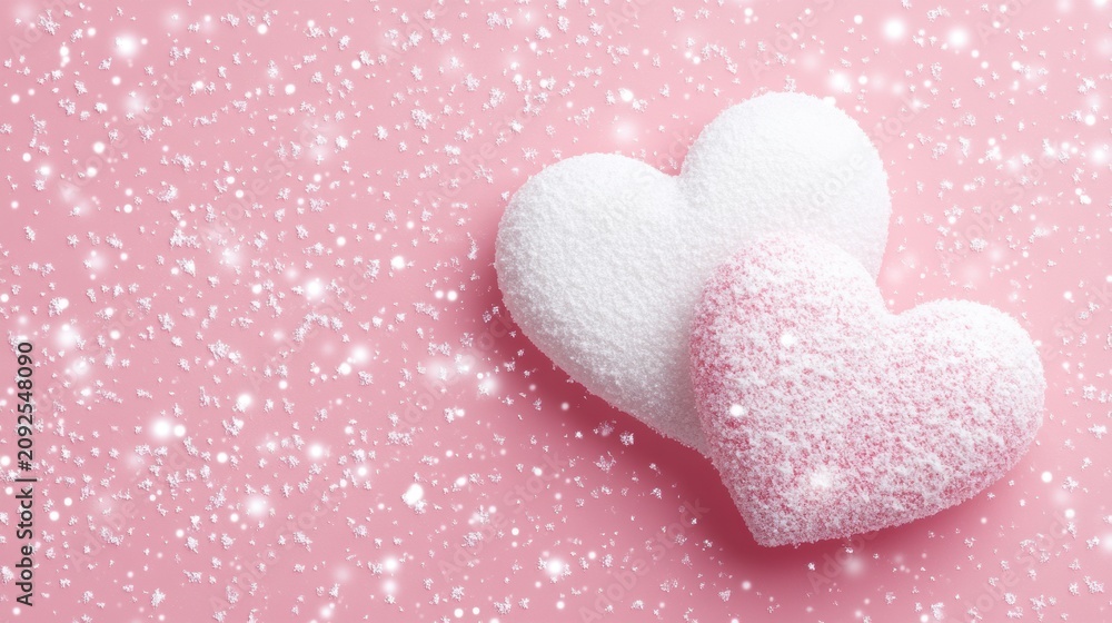 Fototapeta premium Two heart shapes, one white and one pink, with snowfall effect on a pink background