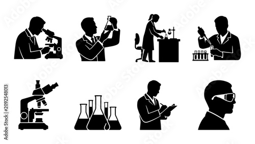 Bild auf Leinwand Scientific Research Icons: Lab Work, Microscopy, Chemistry, Analysis, Vector Set