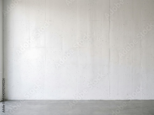 Empty minimalist interior space with textured white wall and concrete floor