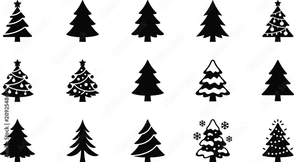 Fototapeta premium Set of black christmas tree icons for holiday design projects featuring various pine and fir tree shapes and winter styles