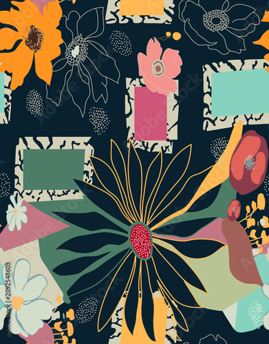 Fotografía An asymmetrical layered arrangement where large flowers overlap geometric blocks and botanical line art, creating depth and a collage-like appearance
