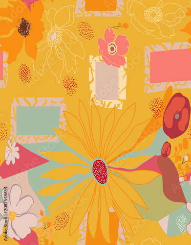 Obraz na plátně An asymmetrical layered arrangement where large flowers overlap geometric blocks and botanical line art, creating depth and a collage-like appearance