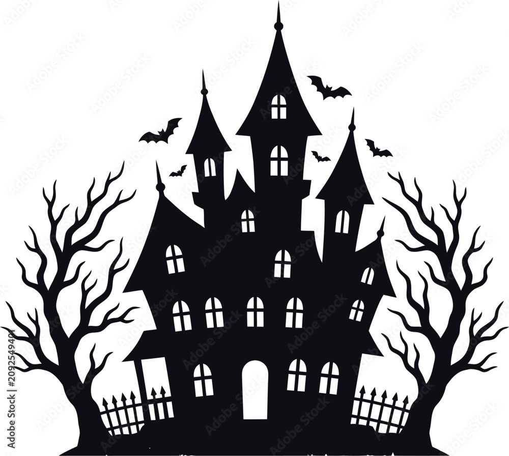 Fototapeta premium Spooky halloween haunted house with bats and trees on a white background for decoration
