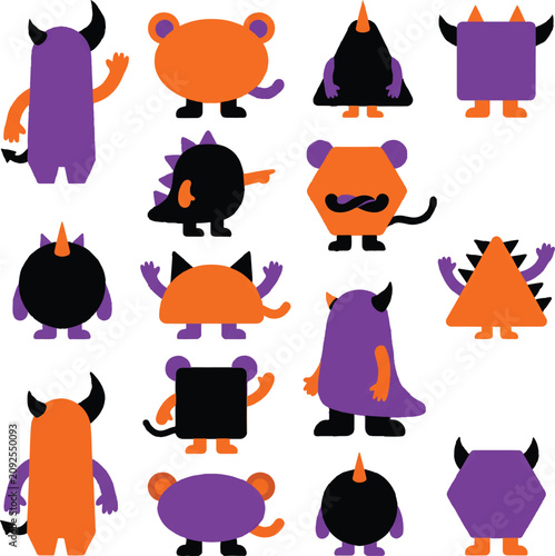 Cute Halloween Monster Clipart Bundle Set of 15 Minimal Flat Vector Monsters in Purple Black and Orange Isolated 