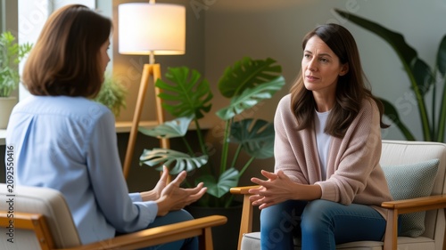 Calm Therapy Session Natural Light Patient Talking to Counselor Empathy Focus