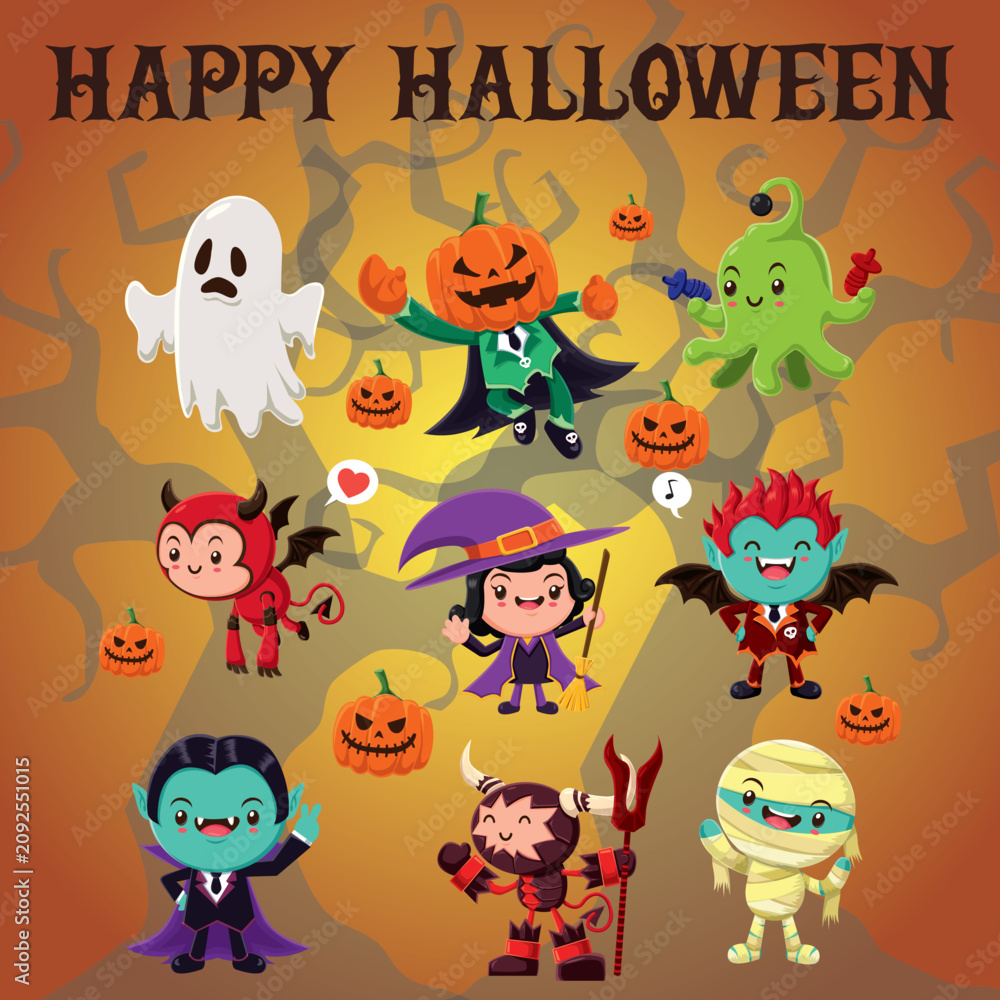 Naklejka premium Vintage Halloween Monster Characters Collection Vector Set with Demon Witch Vampire Mummy Ghost and Alien