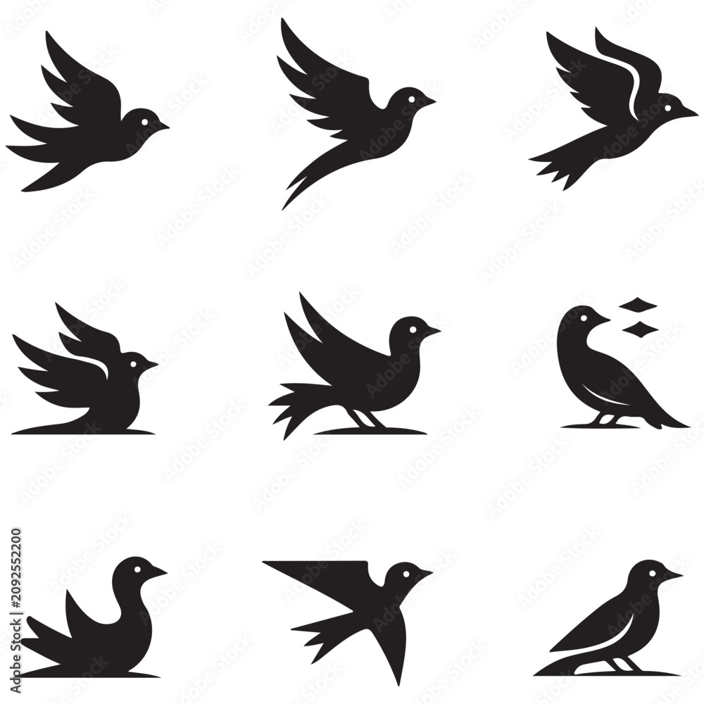 Fototapeta premium Minimalist bird icon set with black silhouettes of flying and perched birds for logo design and branding