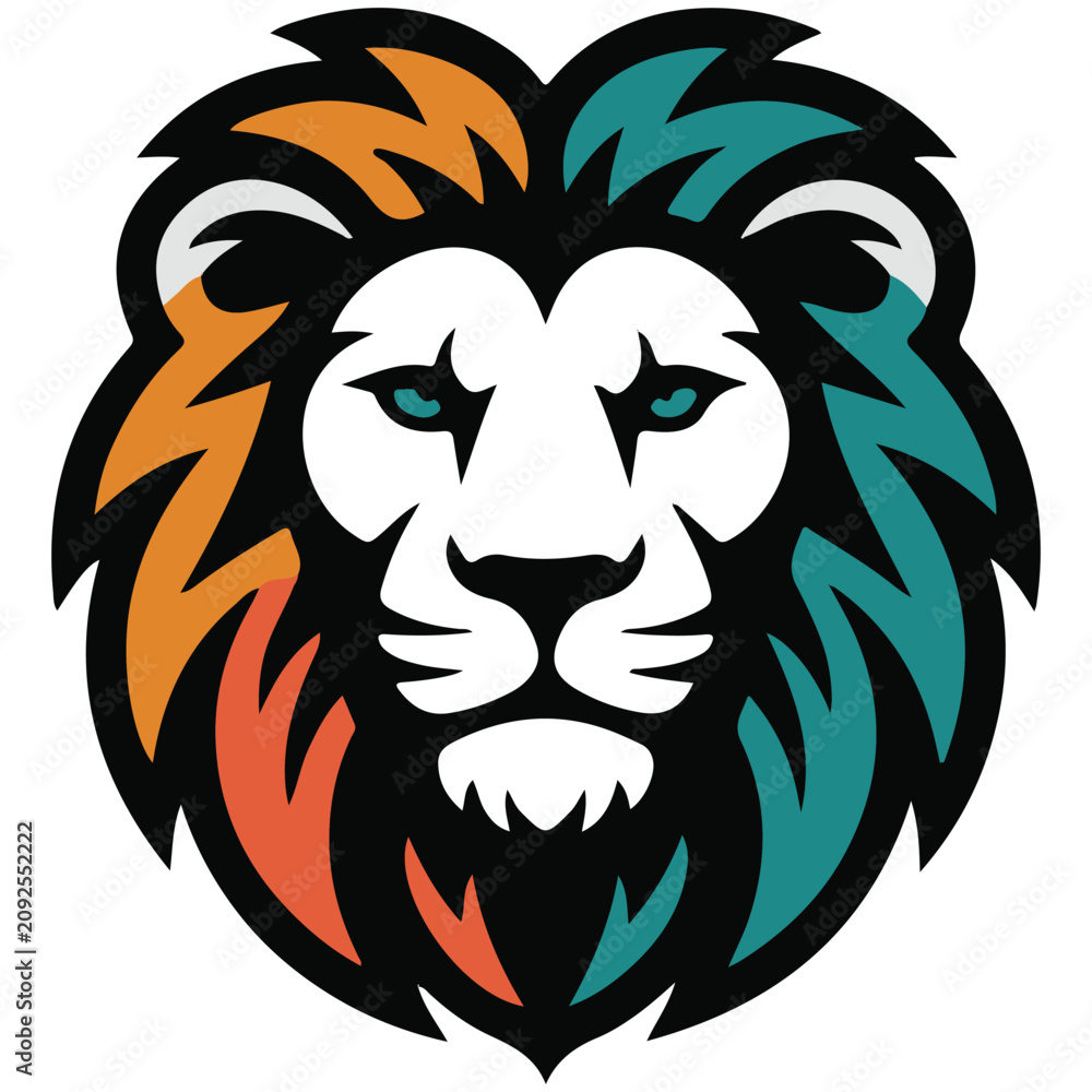 Fototapeta premium Lion head mascot vector with colorful mane and bold outlines for sports branding and team identity