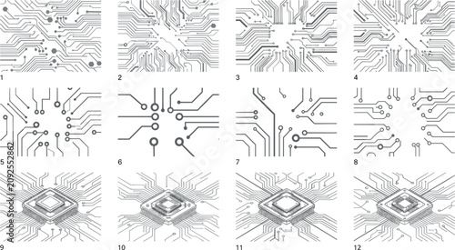 Fotografie Electronic Circuit Board Vector Texture Set with Isometric CPU Microchip Process