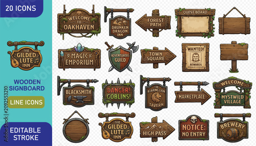 Εκτύπωση καμβά Fantasy game wooden signboard icons set featuring guild halls, taverns and warning signs