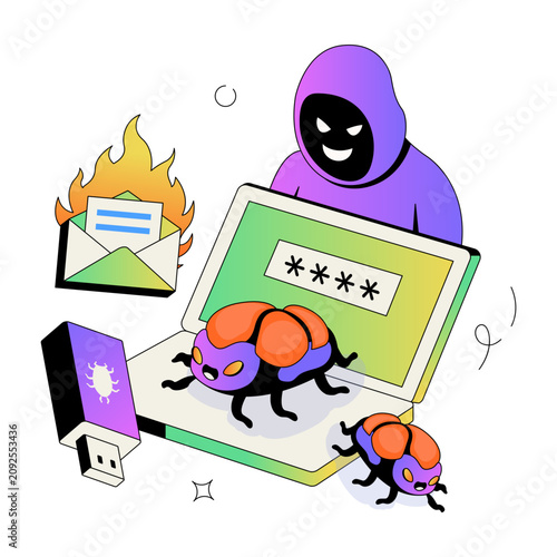 Foto Hacker launching a malicious bug attack on computer systems.