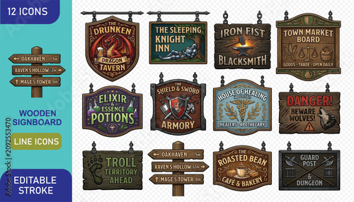 Foto Fantasy RPG wooden signboard icons set featuring taverns, armories and warning markers