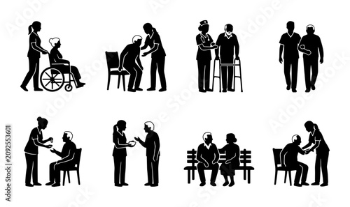 Elderly Caregiver Assistance Icons, Senior Support Vector Graphics, Helping Hands Silhouette Set