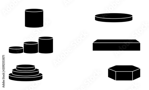 Set of Black Pedestals, Display Stands, Stages, Geometric Shapes, Vector Icons for Presentation