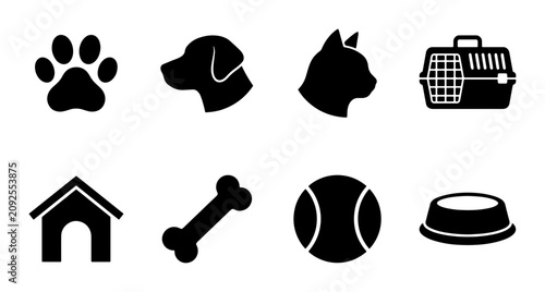 Konstfotografi Pet Care Icons Set: Dog, Cat, Paw Print, Bone, Kennel, Carrier, Bowl, Ball