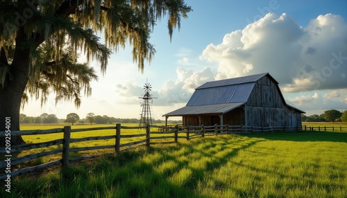 Rustic barn and windmill stand in sunlit green field. Large oak tree with spanish moss drapes over wooden fence. Blue sky with fluffy clouds frames rural landscape.