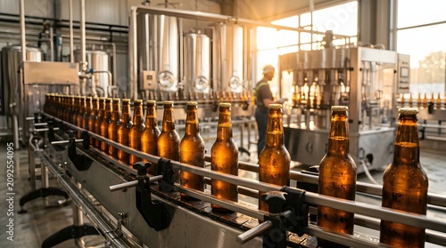 Golden beer bottles moving along a production line in a modern automated brewery factory