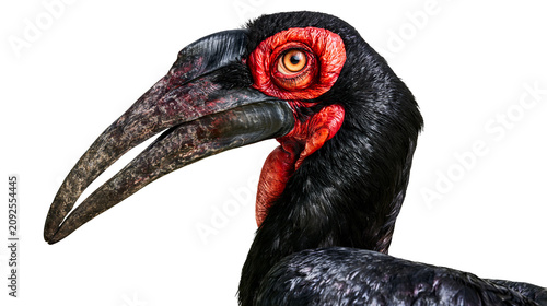 Photography Southern ground hornbill with large black beak and red facial skin, isolated on