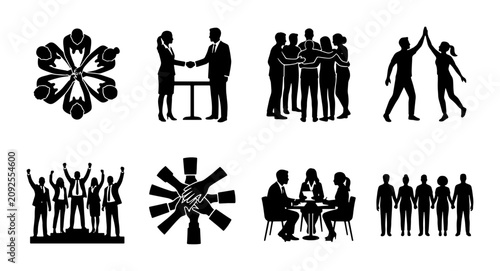 Teamwork and Collaboration Icons: Business Partnership, Unity, Success, and Agreement
