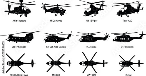 Tableau sur toile Military Helicopter and Defense Chopper Silhouette Icon Set with Attack Gunships