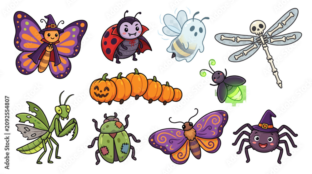 Obraz premium Spooky Halloween Cartoon Bugs Set with Spider, Fly, Beetle and Web Elements