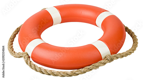 Konstfotografi Orange life preserver ring with white stripes and rope, isolated on transparent