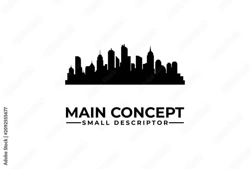 Fototapeta premium Black silhouette of a modern city skyline with tall buildings and text 'MAIN CONCEPT SMALL DESCRIPTOR' below, on a white background.