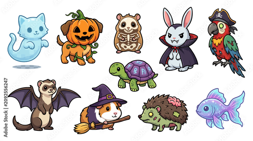 Obraz premium Halloween Fantasy Pet Character Set with Magical Animals and Spooky Companions