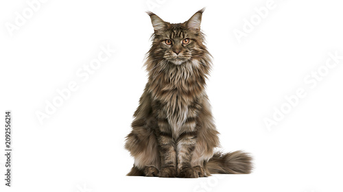 Photography Majestic brown tabby Maine Coon cat sitting regally, isolated on transparent bac