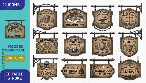 Konstfotografi Detailed fantasy wooden signboard icons for RPG games, taverns, inns, and forest trail signs