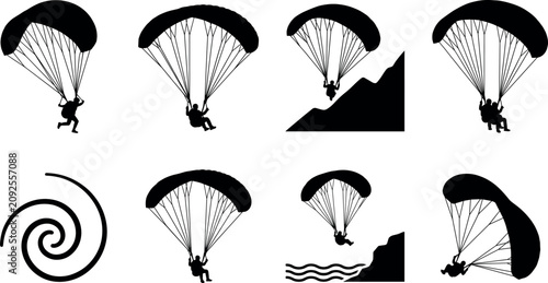 Foto Paragliding and skydiving silhouettes set of paraglider pilots flying extreme sp