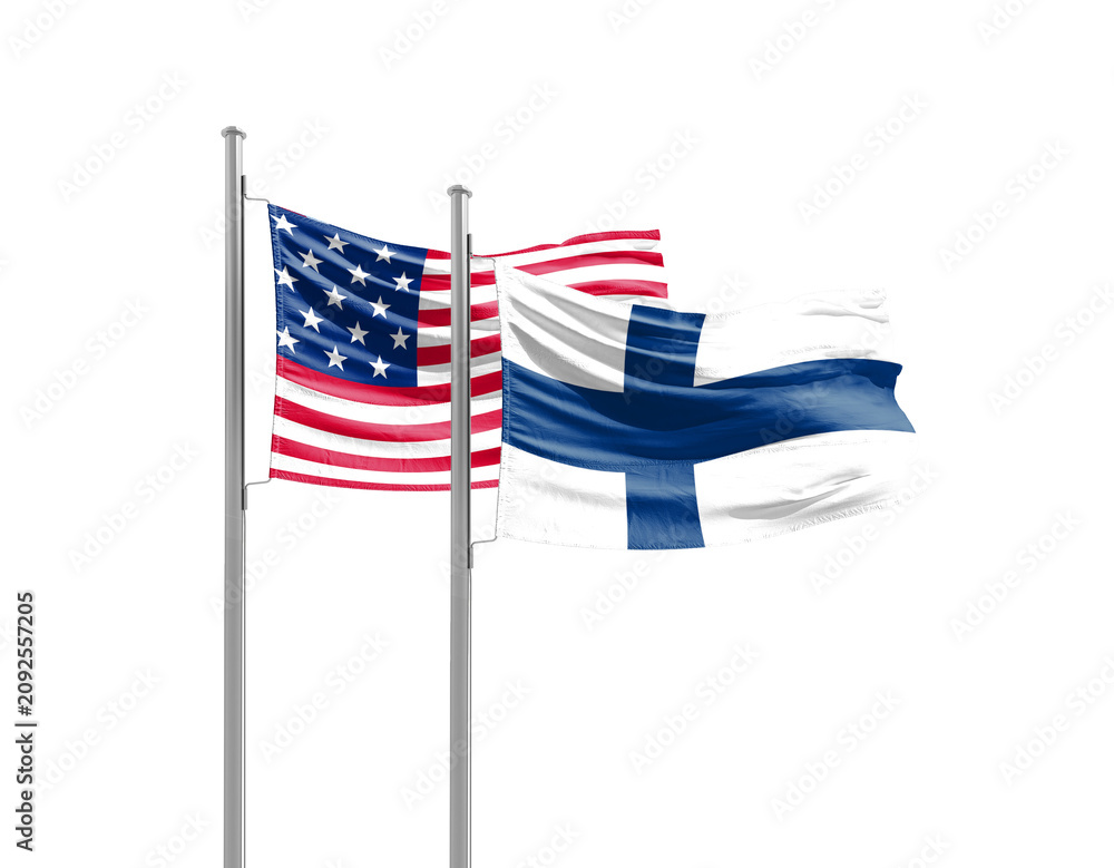 Fototapeta premium Finland and America friendship flags are waving on white background. Both flags are with Cutout Path. Finland USA national flag for commitment.